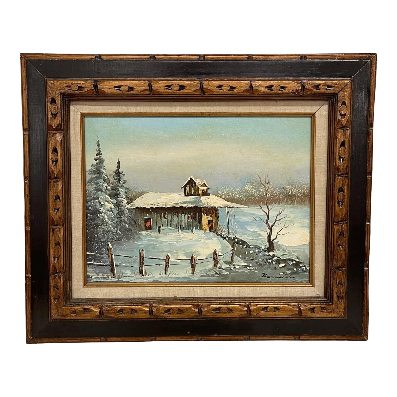 Vintage Signed Painting of Winter Landscape with Cabin, Framed | Chairish
