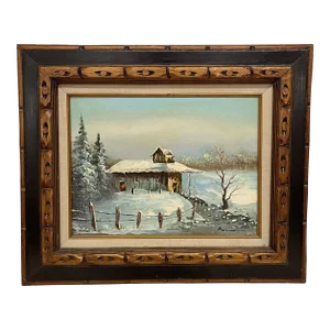 Vintage Signed Painting of Winter Landscape with Cabin, Framed