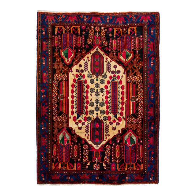 1960s Vintage Persian Bidjar Handmade Medallion Navy Blue Wool Rug For Sale