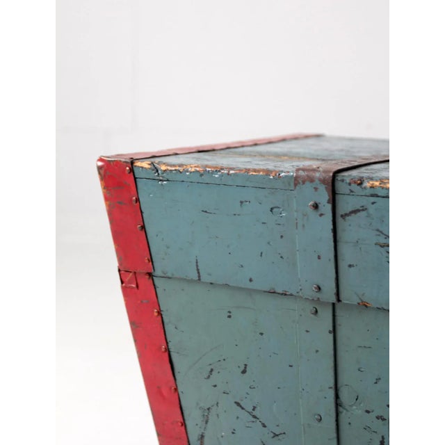 Antique Blue Hand-Painted Wood Trunk For Sale - Image 4 of 13