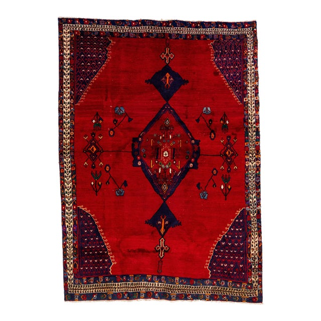 1960s Red Handmade Shiraz Vintage Wool Rug With Medallion Motif For Sale