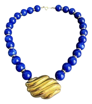 Vintage 1980s Cobalt Blue Beaded Collar Necklace Chunky Gold Pendant Maximalist 18"