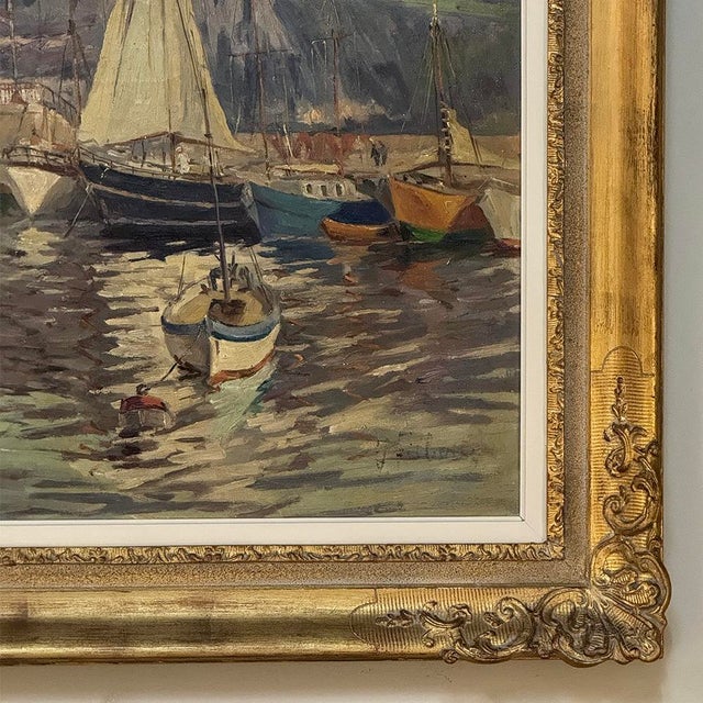 Antique Framed Painting on Canvas 'Harbor in Still Light' Signed by J. Gilbert For Sale - Image 9 of 15