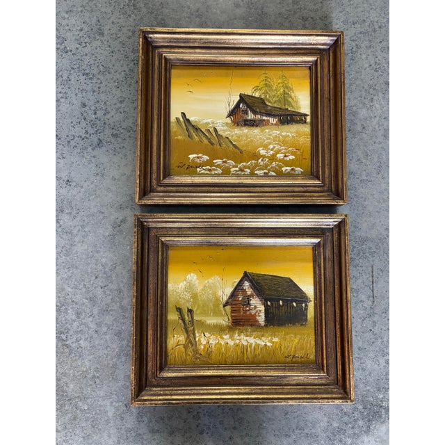 Wood Original Vintage Signed Framed Oil Paintings Outdoor Barn Scene, a Pair For Sale - Image 7 of 9