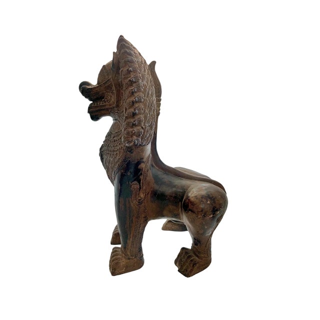 Asian Late 20th Century Foo Dog Statue Large Metal Chinese Guardian Lion Vintage Oriental Decor For Sale - Image 3 of 8