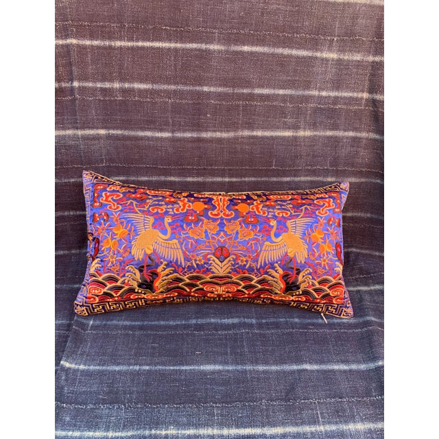 Textile Hollywood Regency Blue & Gold Silk Embroidered Chinoiserie Boudoir Lumbar Pillow For Sale - Image 7 of 7