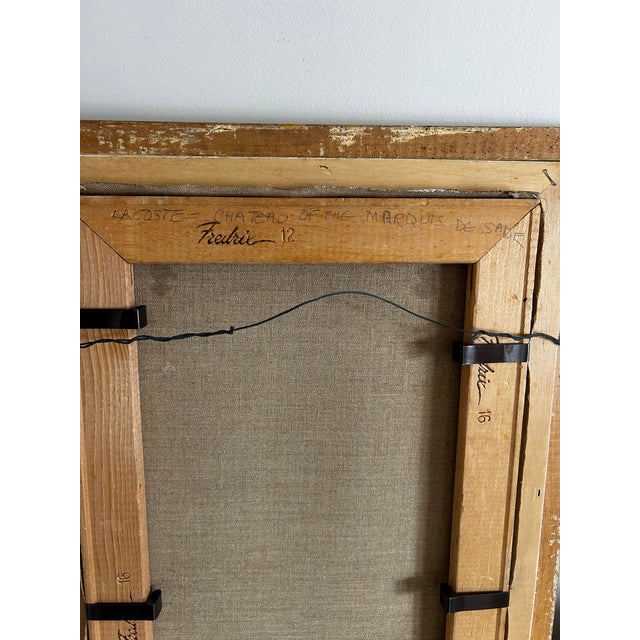 Khaki Vintage Oil Painting on Canvas of the Chateau of the Marques De Sade For Sale - Image 8 of 8