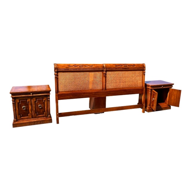 Drexel Heritage Cameo Classics King Bedroom Set, 4 Pieces, Cane & Burlwood, Vintage 1970s For Sale