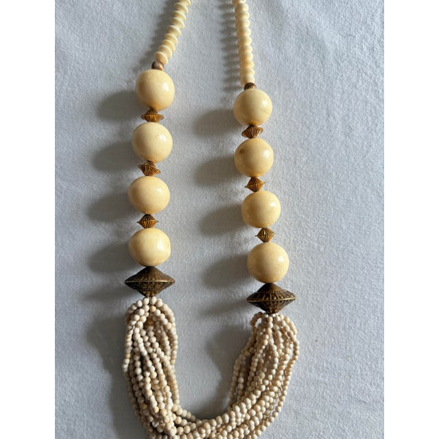 Mid-Century Modern Vintage 1970s Bohemian Long Ivory Beaded Statement Necklace For Sale - Image 3 of 13