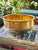 A charming vintage hammered brass cachepot featuring a hand-hammered finish, decorative cast handles, and raised paw feet....