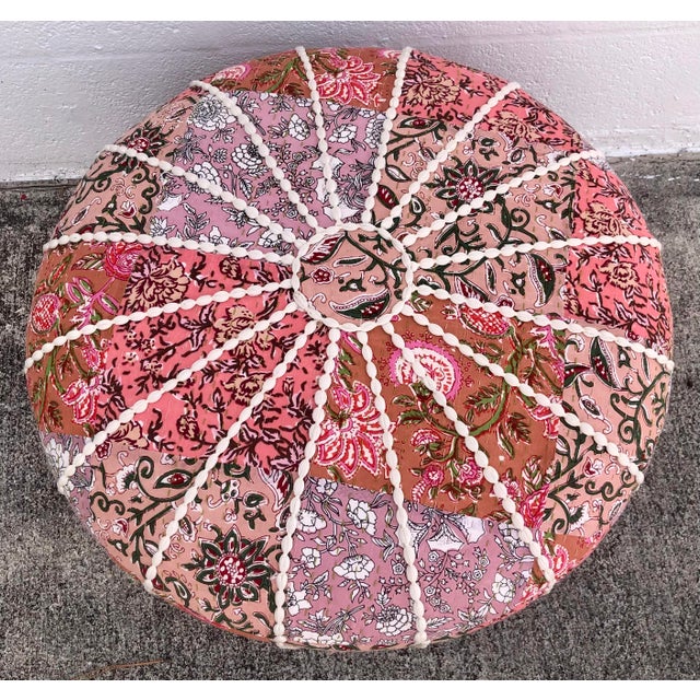 Contemporary Large Round Puffy Pink Floral Patchwork Ottoman Footstool For Sale - Image 3 of 8