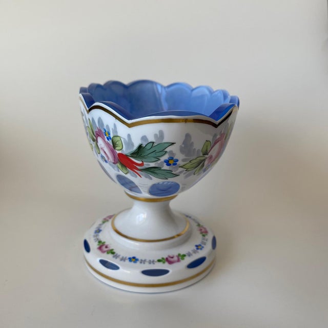 Vintage Moser Glass Oval Bowl: Cut-to-Clear, White With Blue Overlay, Hand Painted Florals For Sale - Image 9 of 16