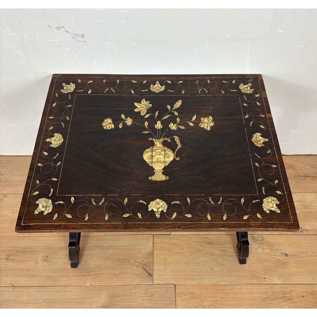 1930s Spanish Baroque Style Side Table with Floral Marquetry Top and Ebonized Base For Sale - Image 4 of 13