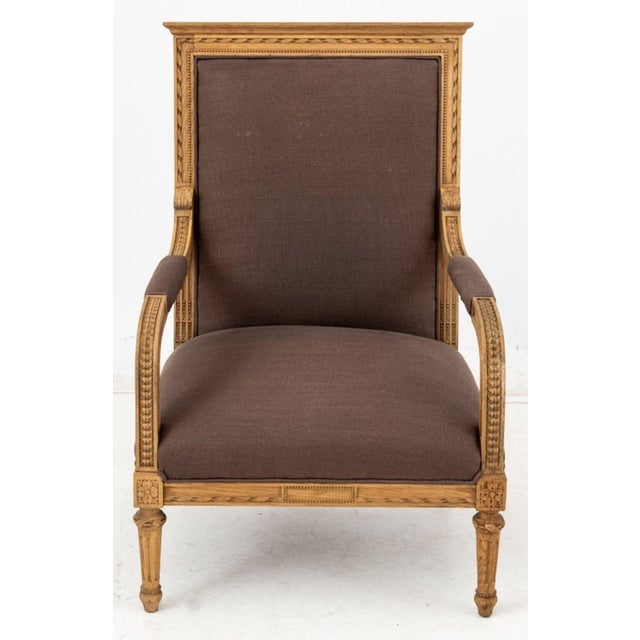 Restoration Hardware Louis XVI Style Giltwood Armchair, upholstered in grey linen to seat and arms, labeled "Made for...
