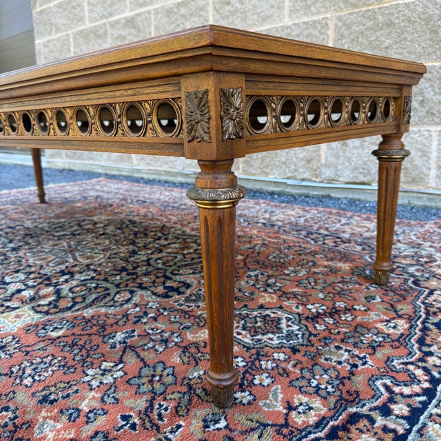 Vintage Gordon's Fine Furniture French Louis XVI Walnut Coffee Table With Italian Marble Inserts For Sale - Image 9 of 16