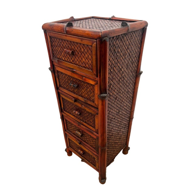 Coastal Vintage Nightstand Cabinet Chest Five Drawers Bamboo / Wicker Tiki Petite Size For Sale - Image 3 of 12