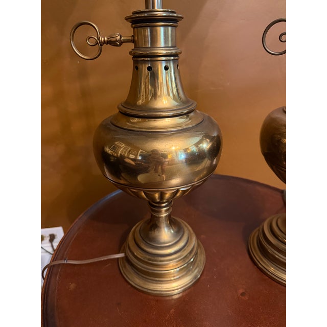 Pair Vintage Stiffel Brass Oil Lamp Style W/ Milk Glass Hollywood Regency Table Lamps W/ Additional Original Shades For Sale - Image 11 of 15
