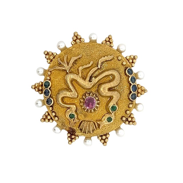 Signed Ilias Lalaounis 18k Gold Gemstone and Pearl Brooch, Greece, 1970s For Sale - Image 4 of 8