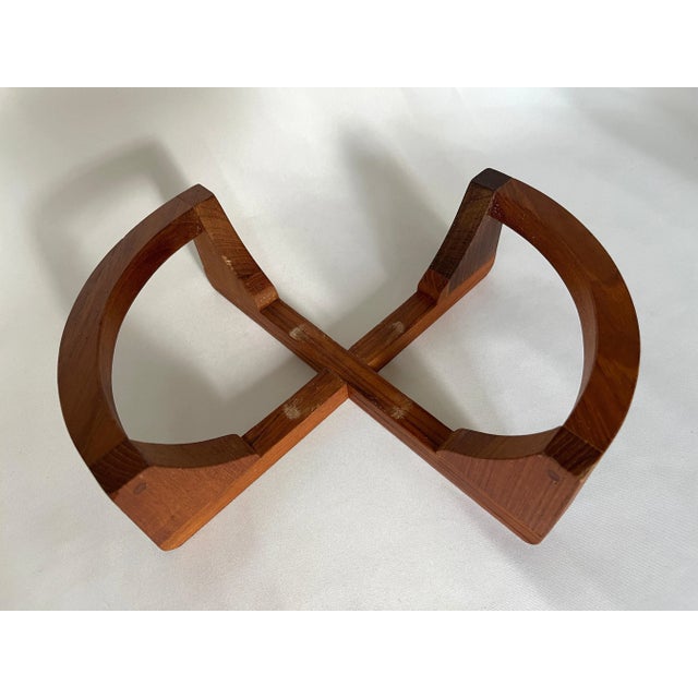 Wood 1960s Danish Glass Salad Serving Bowl on Curved Teak Wood Stand For Sale - Image 7 of 11