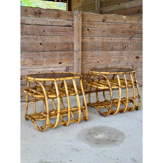 Pair Vintage Organic Modern Bent Rattan Side Tables With Smoked Glass For Sale - Image 11 of 12