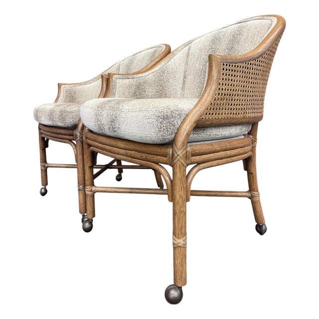 McGuire San Francisco Rattan & Cane Toboggan Dining Armchairs on Casters - Pair For Sale