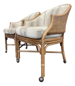 McGuire San Francisco Rattan & Cane Toboggan Dining Armchairs on Casters - Pair