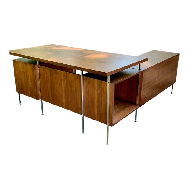 1950s Hugh Acton Walnut + Aluminum 3 Piece Executive Desk For Sale