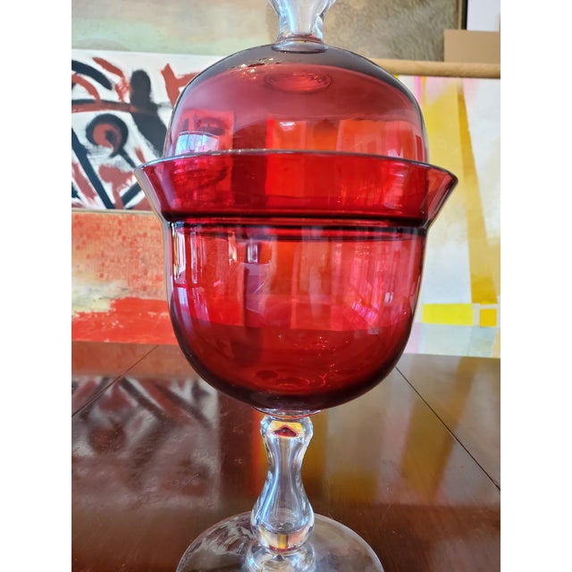 A magnificent large mid century modern Murano style glass Ruby cranberry covered goblet. Absolutely clean and brilliant in...