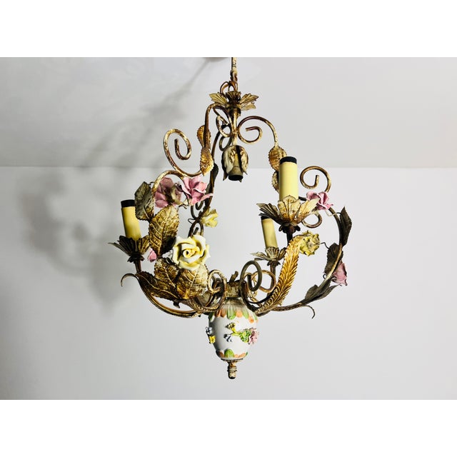Metal Brass and Ceramic Florentine Flower Shape Chandelier, Germany, 1970s For Sale - Image 7 of 12