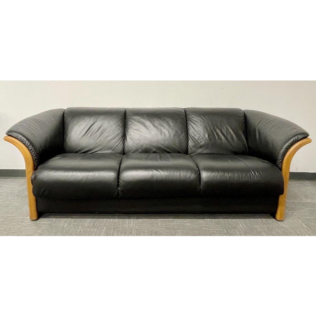 Mid Century Modern Sofa Couch Wood Trim Black Leather Chairish