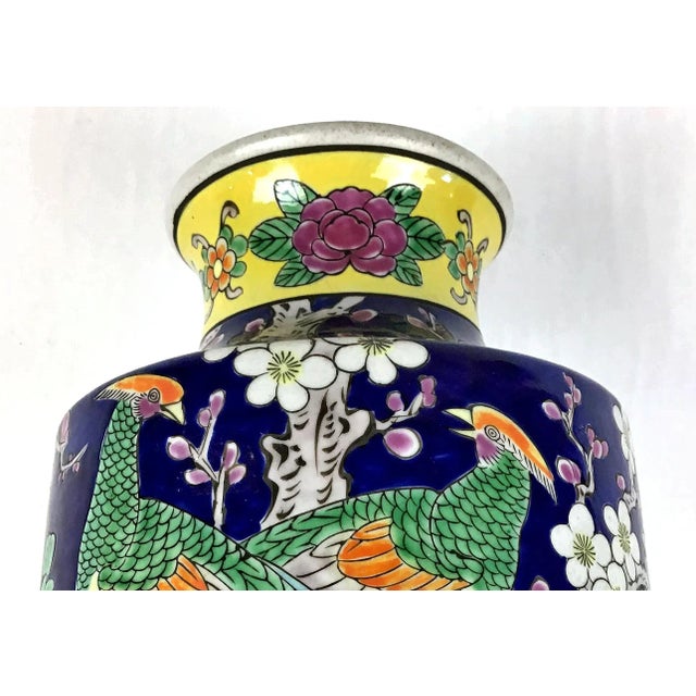 1950’s Vintage Japan Double Peacock Cobalt Hand Painted Vase For Sale - Image 9 of 13
