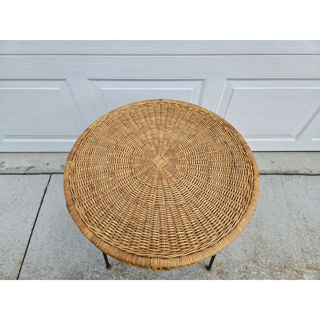 60s Round Wicker Rattan Side Table Brass Ball Feet For Sale - Image 6 of 14