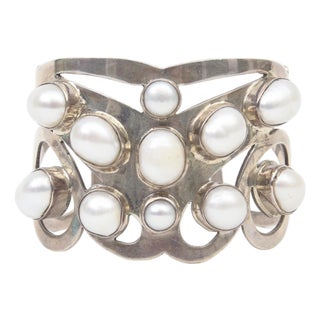 Vintage Sterling Silver and Pearl Artisan Wide Cuff Bracelet, 1980's. For Sale