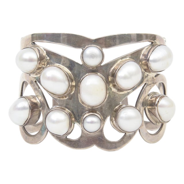 Vintage Sterling Silver and Pearl Artisan Wide Cuff Bracelet, 1980's. For Sale
