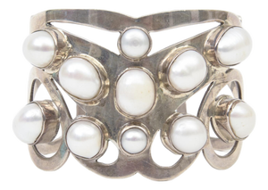 Vintage Sterling Silver and Pearl Artisan Wide Cuff Bracelet, 1980's.