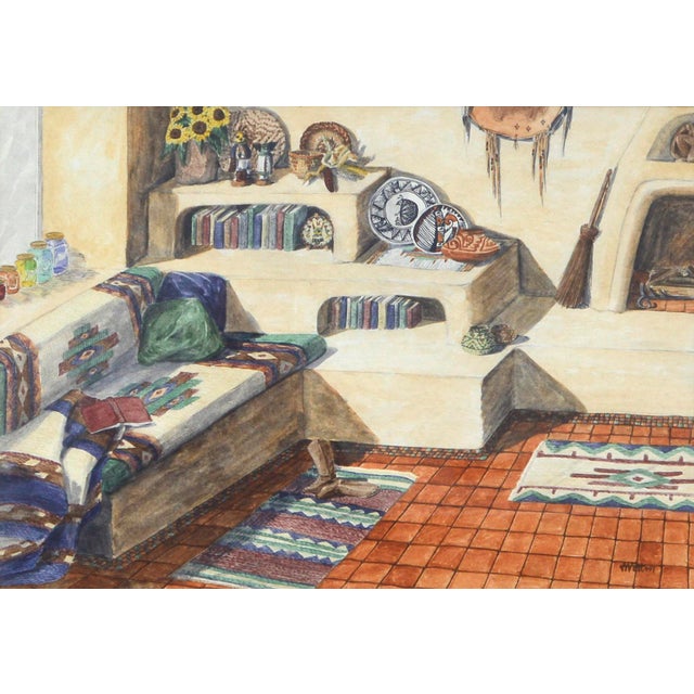 Detailed watercolor of a Santa Fe southwest style living room, by unknown artist "West" (American, 20th Century). Signed...