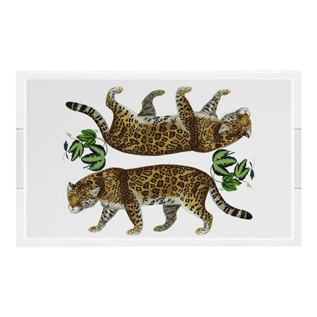 Leopard Seeing Double White Acrylic Rectangle Decorative Tray, Medium For Sale