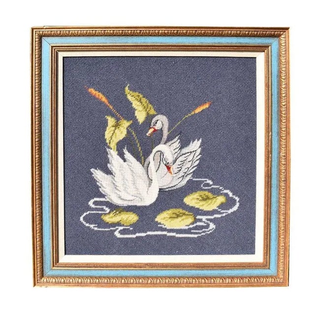 Blue Blue Hand Stitched Embroidered Swan Wall Hanging, Framed For Sale - Image 8 of 8