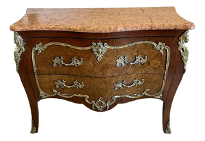 Antique French Victorian Burr Walnut Ormolu Mounted Chest of Drawers with Marble Top, 1880s