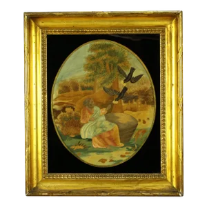 Ea 1800's Silk Embroidery Bible Scene Gilt Eglomise Frame Elijah Fed by Ravens