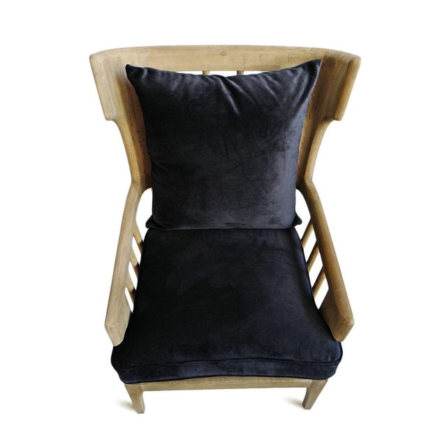 Transitional Wingback Navy Velvet Arm Chair For Sale - Image 3 of 7