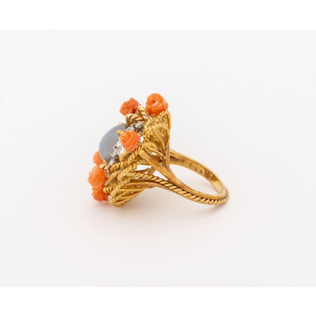 Gold 18k Rose Gold Star Sapphire Coral Diamond Ring For Sale - Image 8 of 10