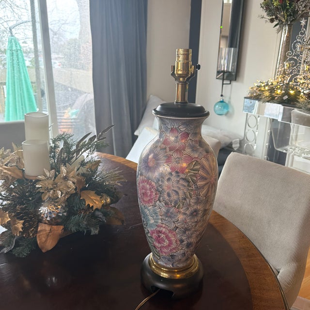 Vintage Frederick Cooper Floral Pink Purple Blue Ceramic Ginger Jar Table Lamp For Sale - Image 11 of 11