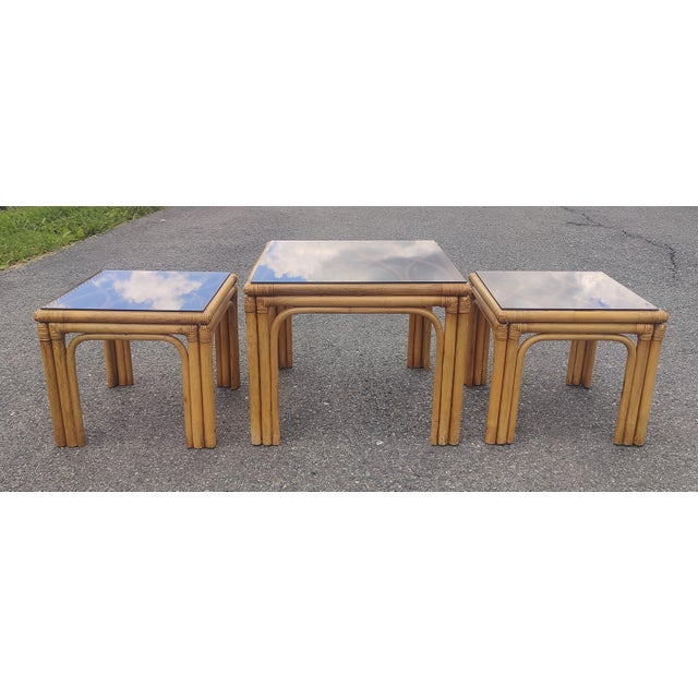 Vintage Boho Bamboo Rattan Table Set- Set of Three For Sale - Image 10 of 12