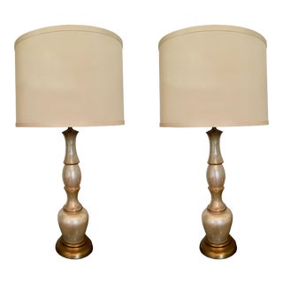 Vintage Gold Art Glass Lamps With Custom Silk Lampshades - A Pair For Sale