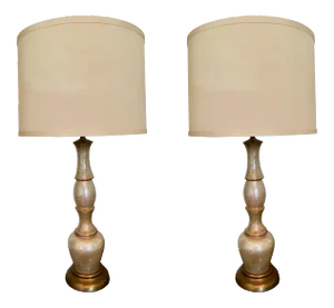 Vintage Gold Art Glass Lamps With Custom Silk Lampshades - A Pair