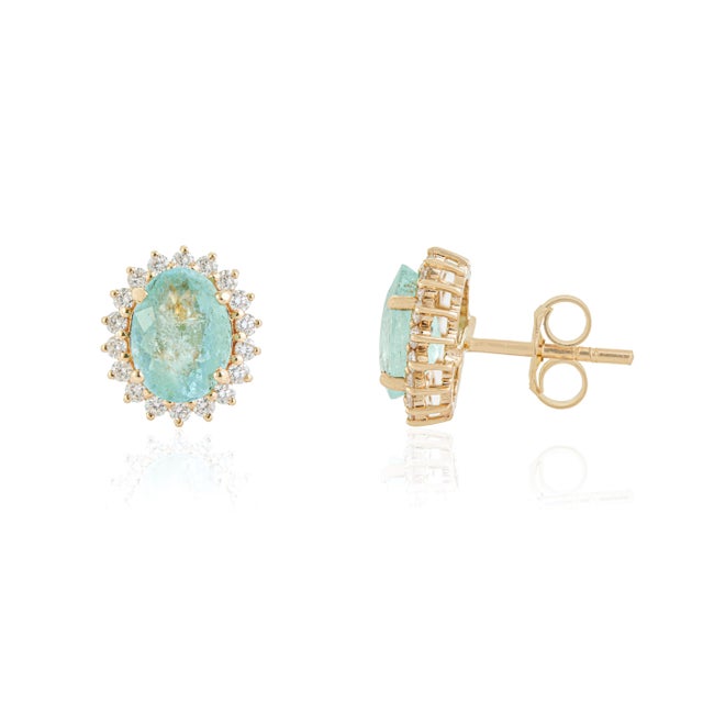 VR Jewels 1.89ct Oval Cut Paraiba Stud Earrings With Diamonds in 14k Yellow Gold- A Pair For Sale - Image 4 of 15