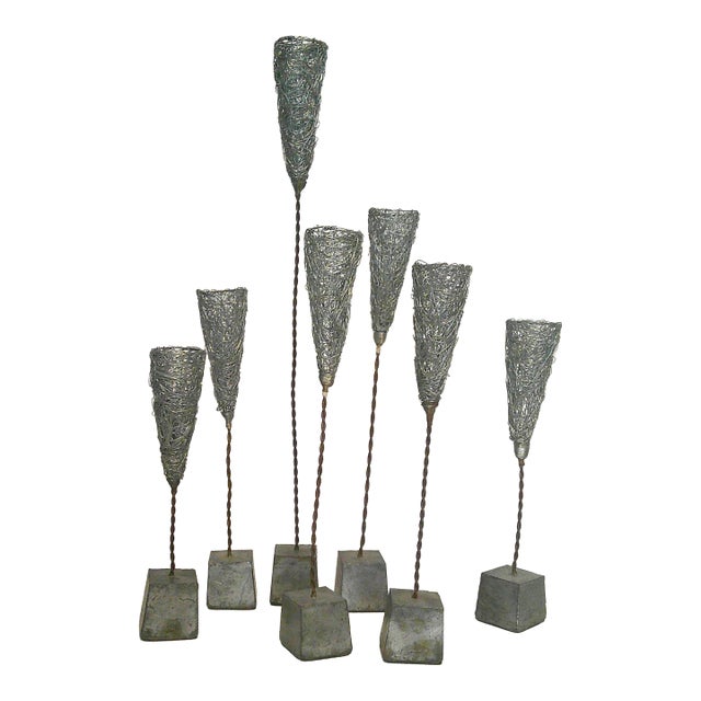 MCM Tage Andersen Brutalist Welded Wire Woven Mesh Candle Cones on Block Bases Style /7 For Sale