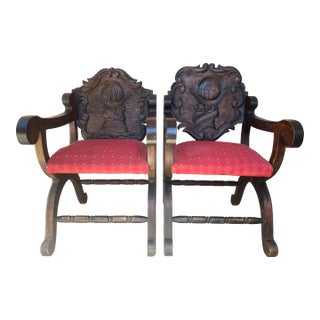 Late 19th Century Pair of Antique Hand Carved Coronado Conquistador Spanish Colonial Chairs For Sale