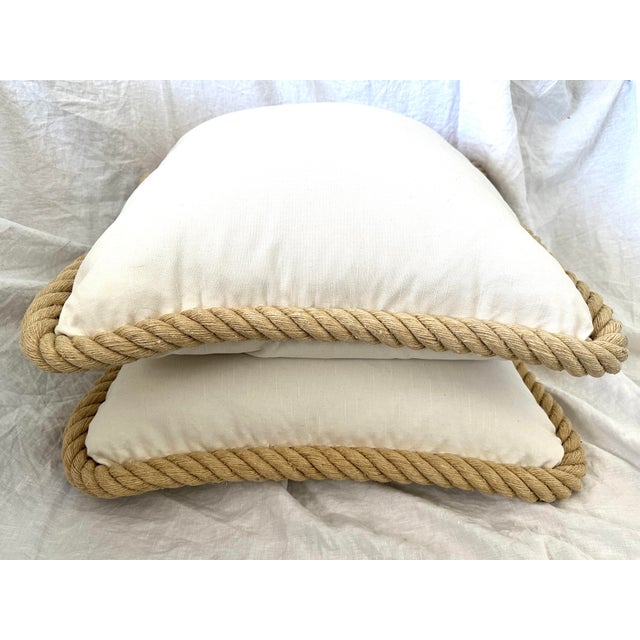 Pair of Large Cream color Rope Pillows, perfect for a rattan sofa or oversized chaise lounge. Thick rope trim and down...